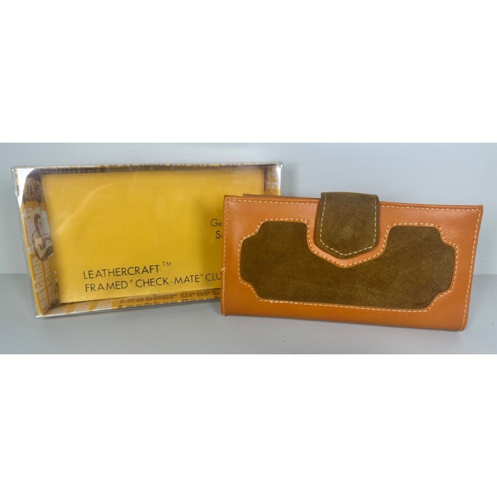 NEW! Leathercraft Framed Check-Mate Clutch Genuine Suede‎ Orange/Brown